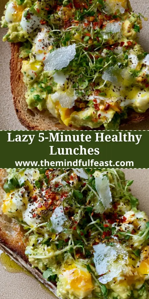 Lazy Lunch Ideas: The Ultimate Creamy Avocado Egg Sourdough Toast 4 A top-down view of thick sourdough toast with chunky avocado and soft-boiled eggs, showing lazy lunch ideas.
