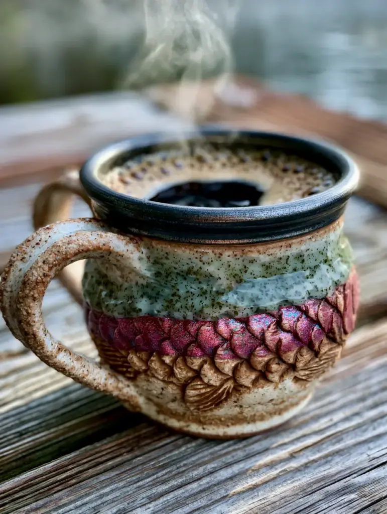 A handheld photo of a heavy stoneware rainbow trout mug filled with espresso, showing the iridescent fuchsia glaze and moss-green speckles.