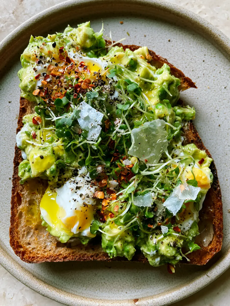 Lazy Lunch Ideas: The Ultimate Creamy Avocado Egg Sourdough Toast 3 Smartphone photo of golden sourdough toast topped with creamy avocado egg salad and microgreens (lazy lunch ideas).