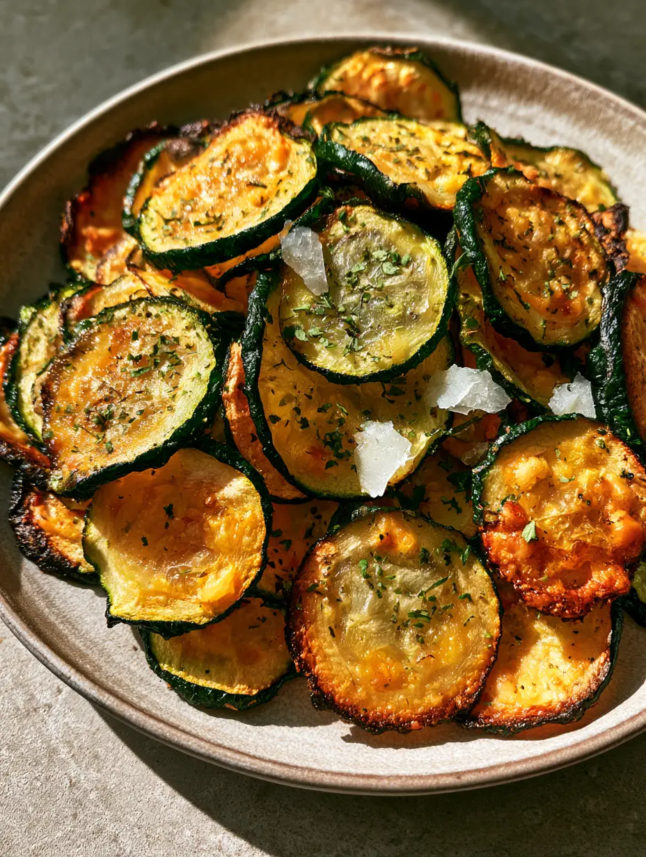 Oven-Baked Zucchini Chips with Toasted Parmesan and Sea Salt 3 Close-up of oven-baked zucchini chips showing translucent centers and charred edges with parmesan crystals.