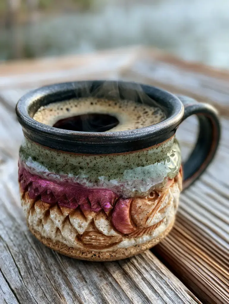 The Rainbow Trout Mug: A Masterpiece for Your Morning Coffee Ritual 1 Side view of a rainbow trout mug showing the detailed carving of fish scales and the high-gloss metallic charcoal rim.