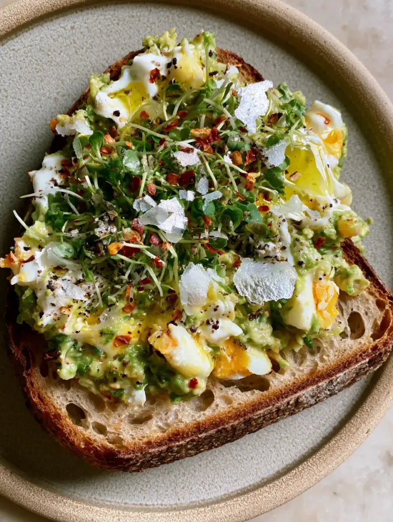Lazy Lunch Ideas: The Ultimate Creamy Avocado Egg Sourdough Toast 1 Overhead view of a textured ceramic plate holding a slice of avocado toast with visible soft yolks and olive oil.