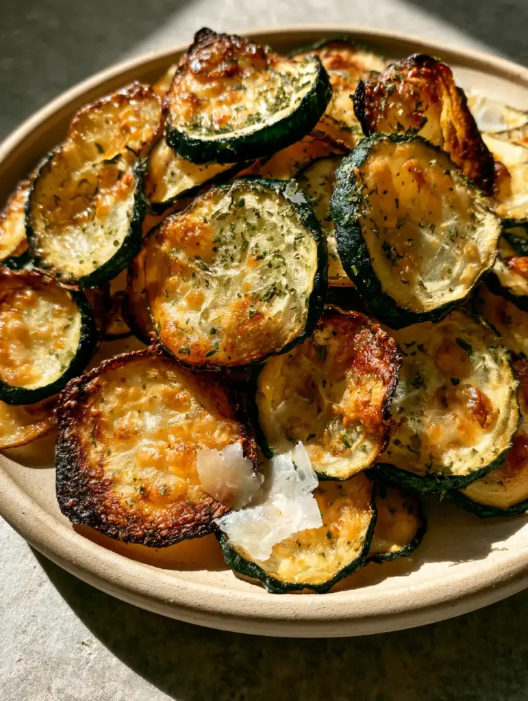 Oven-Baked Zucchini Chips with Toasted Parmesan and Sea Salt 1 A pile of thin, crispy oven-baked zucchini chips on a light grey stone surface.