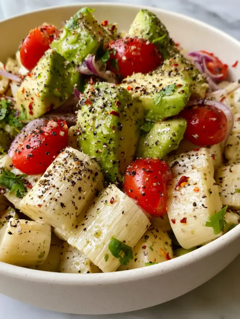 Hearts of Palm Salad with Creamy Avocado and Zesty Lime Vinaigrette 1 Eye-level view of a hearts of palm salad featuring chunky avocado and crimson cherry tomatoes in a white ceramic bowl.