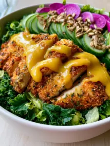 Extreme close up of golden-brown panko-crusted chicken strips on a bed of emerald kale and romaine. (crispy chicken crunch salad)