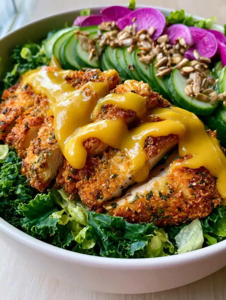 Crispy Chicken Crunch Salad with Air-Fried Panko and Honey Mustard 2 Extreme close up of golden-brown panko-crusted chicken strips on a bed of emerald kale and romaine. (crispy chicken crunch salad)