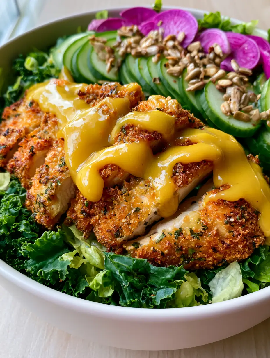 Crispy Chicken Crunch Salad with Air-Fried Panko and Honey Mustard 3 Extreme close up of golden-brown panko-crusted chicken strips on a bed of emerald kale and romaine. (crispy chicken crunch salad)