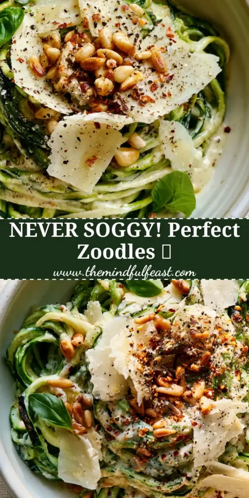 Zucchini Pasta with Silky Garlic Parmesan Cream Sauce and Toasted Pine Nuts 4 A top-down shot of twirled Zucchini pasta in a white bowl with garlic cream sauce, pine nuts, and parmesan shards.