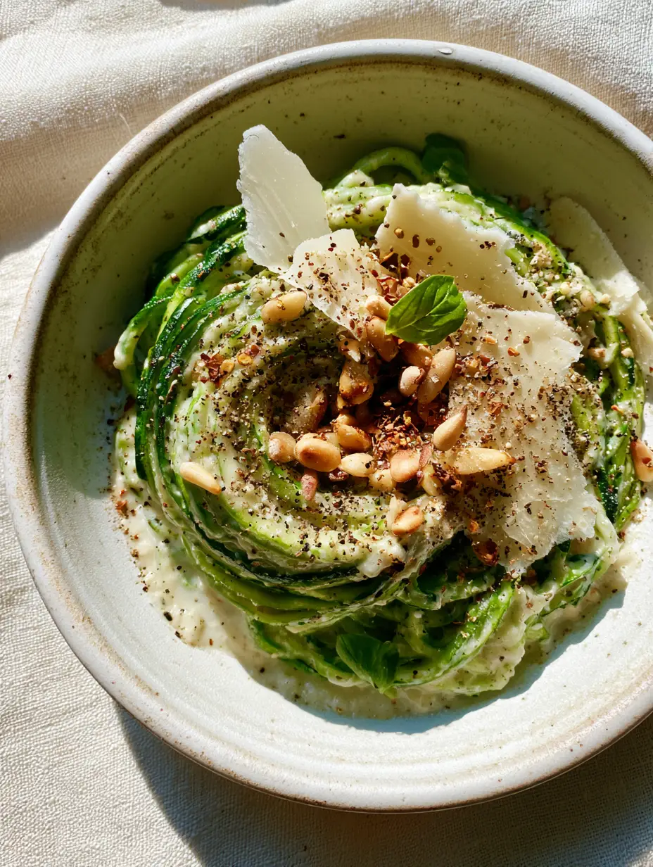 Zucchini Pasta with Silky Garlic Parmesan Cream Sauce and Toasted Pine Nuts 3 Expertly twirled Zucchini pasta showing charred emerald edges and thick garlic parmesan sauce.