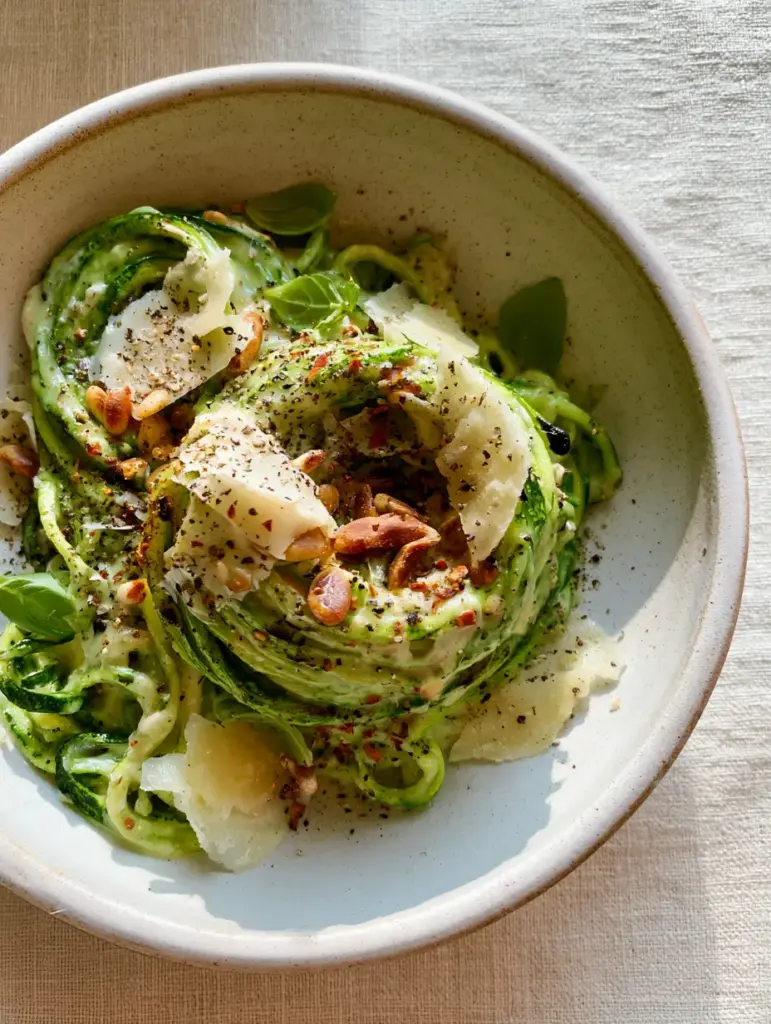 Zucchini Pasta with Silky Garlic Parmesan Cream Sauce and Toasted Pine Nuts 1 Close up of Zucchini pasta garnished with large parmesan shards, toasted pine nuts, and fresh basil.