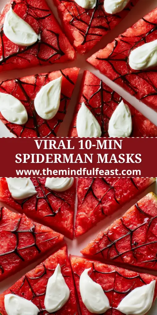 Spiderman Watermelon Masks: The Ultimate Hero-Themed Healthy Summer Snack 4 A top-down photo of eight Spiderman watermelon masks on a white ceramic platter with almond-shaped yogurt eyes and chocolate webbing.
