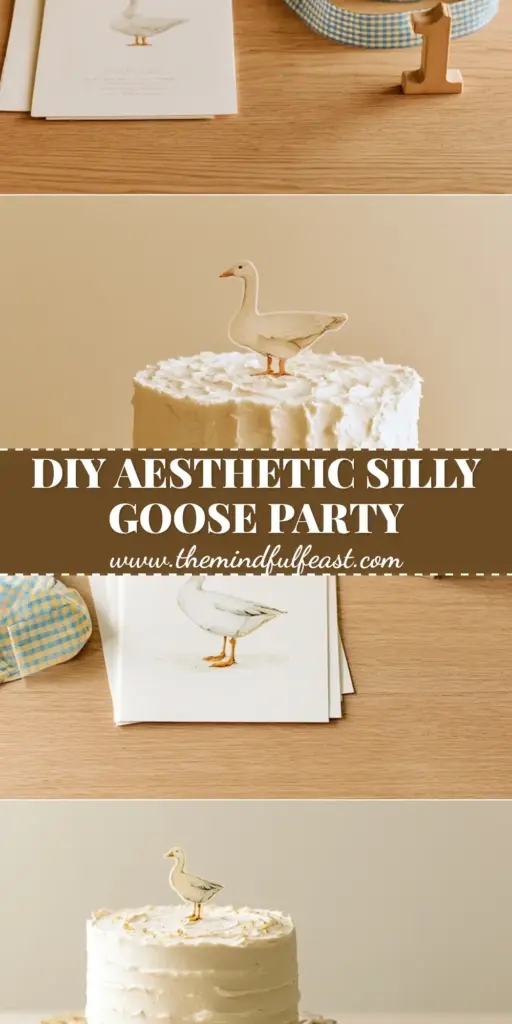 One Silly Goose Birthday Party: The Ultimate Vanilla Sponge Cake and Hosting Guide 4 A vertical collage for a One Silly Goose birthday party featuring watercolor invitations, gingham ribbon, and a macro shot of a textured white vanilla cake on a fluted pedestal.