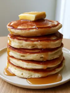 Close-up of the porous, airy interior and golden-brown seared crust of four massive American pancakes.