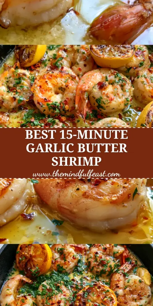 A vertical collage showing a close-up of golden seared shrimp in a lemon butter sauce and an overhead view of the same dish in a cast iron skillet. (Garlic shrimp recipe)