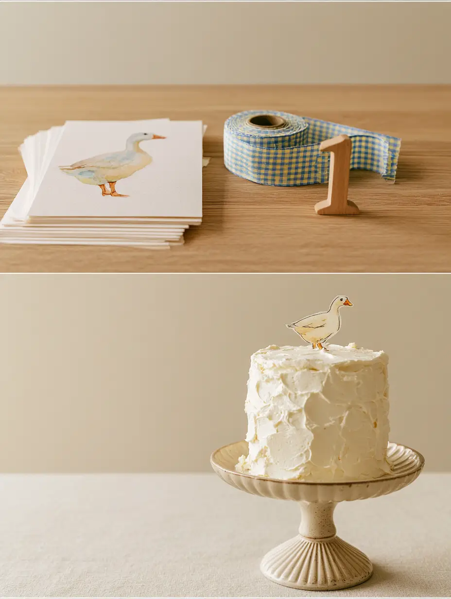 One Silly Goose Birthday Party: The Ultimate Vanilla Sponge Cake and Hosting Guide 3 Top-down view of party prep with a watercolor goose invitation and blue gingham ribbon for a One Silly Goose birthday party.