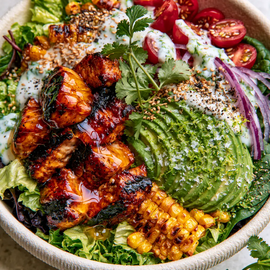Honey Lime Chicken Avocado Salad Bowl with Charred Sweet Corn 2 Extreme macro top-down photo of Honey Lime Chicken Avocado Salad Bowl with glistening amber glaze and charred chicken edges.