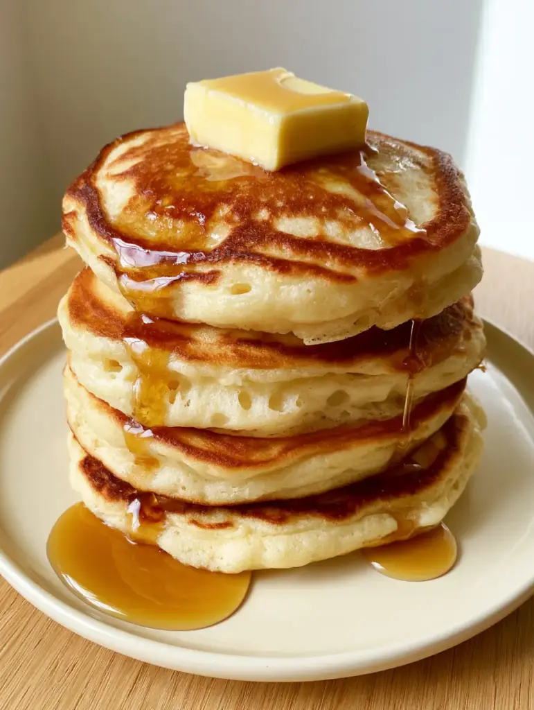 American Pancakes: The Ultimate Extra-Thick Buttermilk Stack 1 A minimalist cream plate holding four American pancakes with viscous amber maple syrup cascading down the sides on a light oak table.
