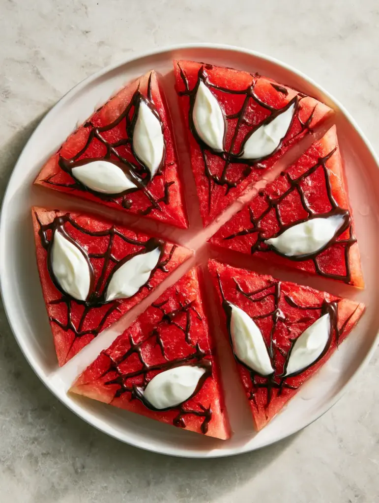 Spiderman Watermelon Masks: The Ultimate Hero-Themed Healthy Summer Snack 1 A professional smartphone photo of Spiderman watermelon masks arranged on a marble countertop with natural morning light.