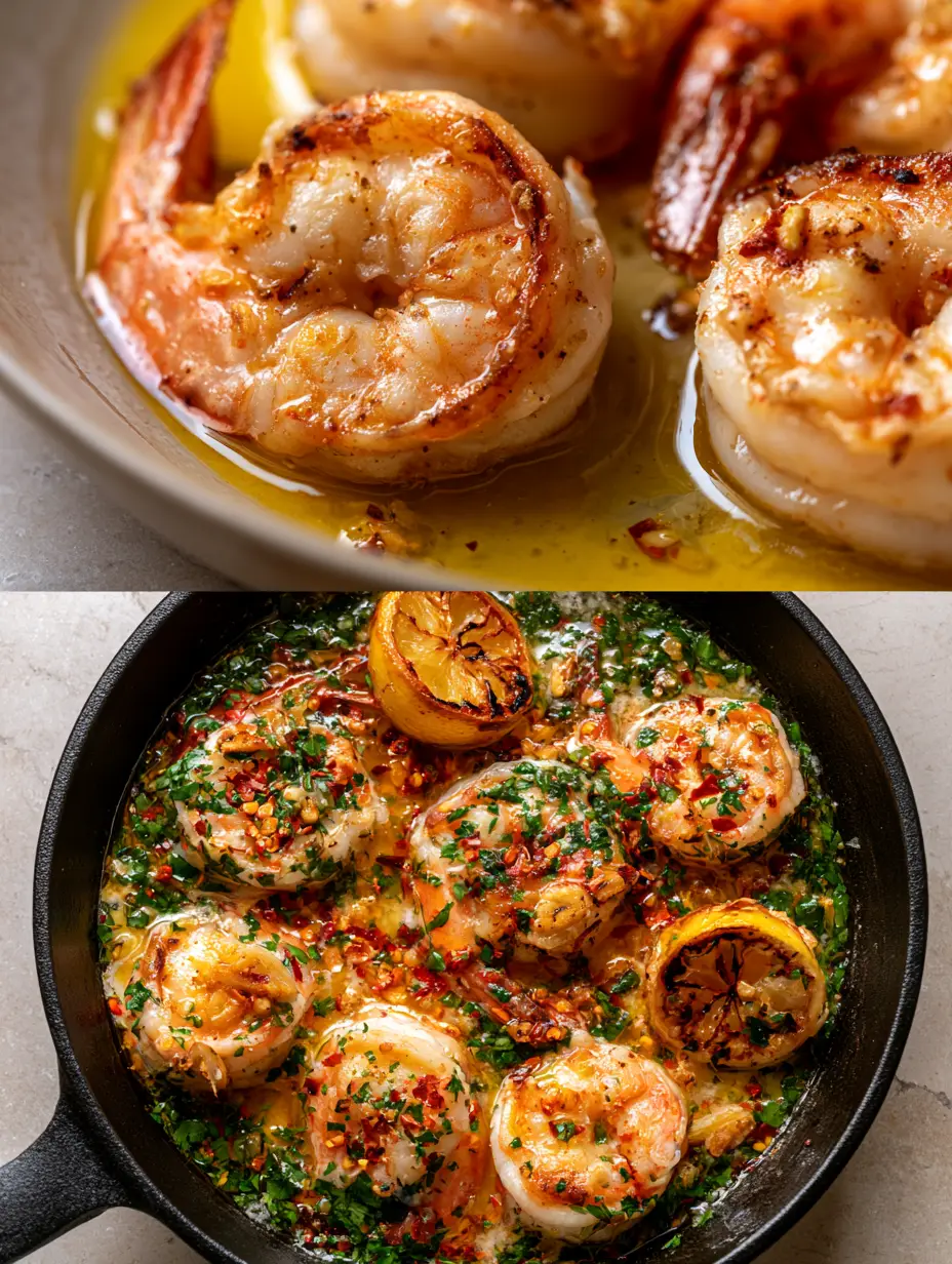 Macro 45-degree close-up of jumbo tail-on shrimp with crispy golden edges in a yellow butter sauce. (Garlic shrimp recipe)