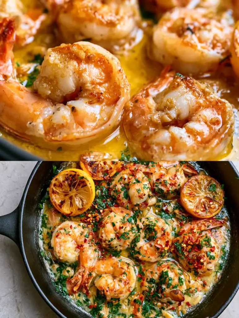 Direct overhead flat-lay of garlic shrimp in a black cast iron skillet with parsley and charred lemons.