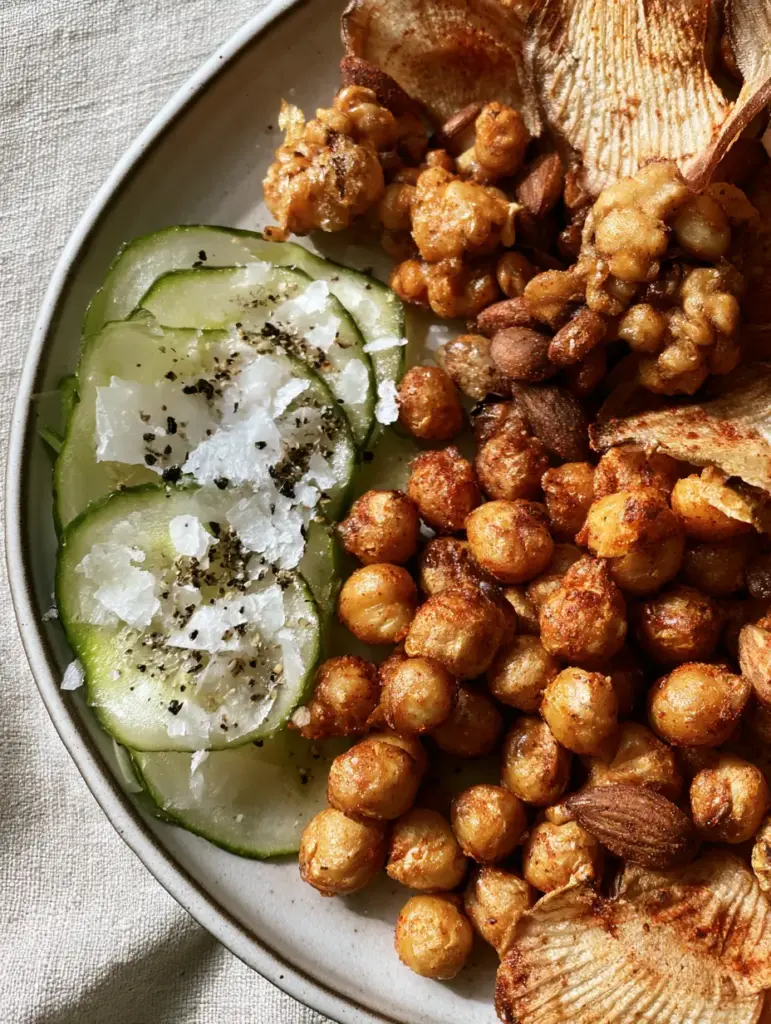 Salty Snack Ideas: The Ultimate Crunchy Protein Power Plate 2 Macro shot of air-fried chickpeas with charred edges and glistening Maldon salt. (salty snack ideas)
