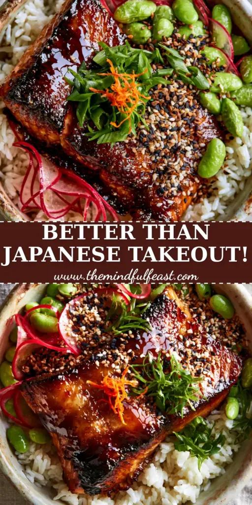 Japanese recipes: The Ultimate Seared Teriyaki Salmon Donburi 4 A tall Pinterest pin showcasing a glistening bowl of Teriyaki Salmon with vibrant radish curls and edamame. (Japanese recipes)
