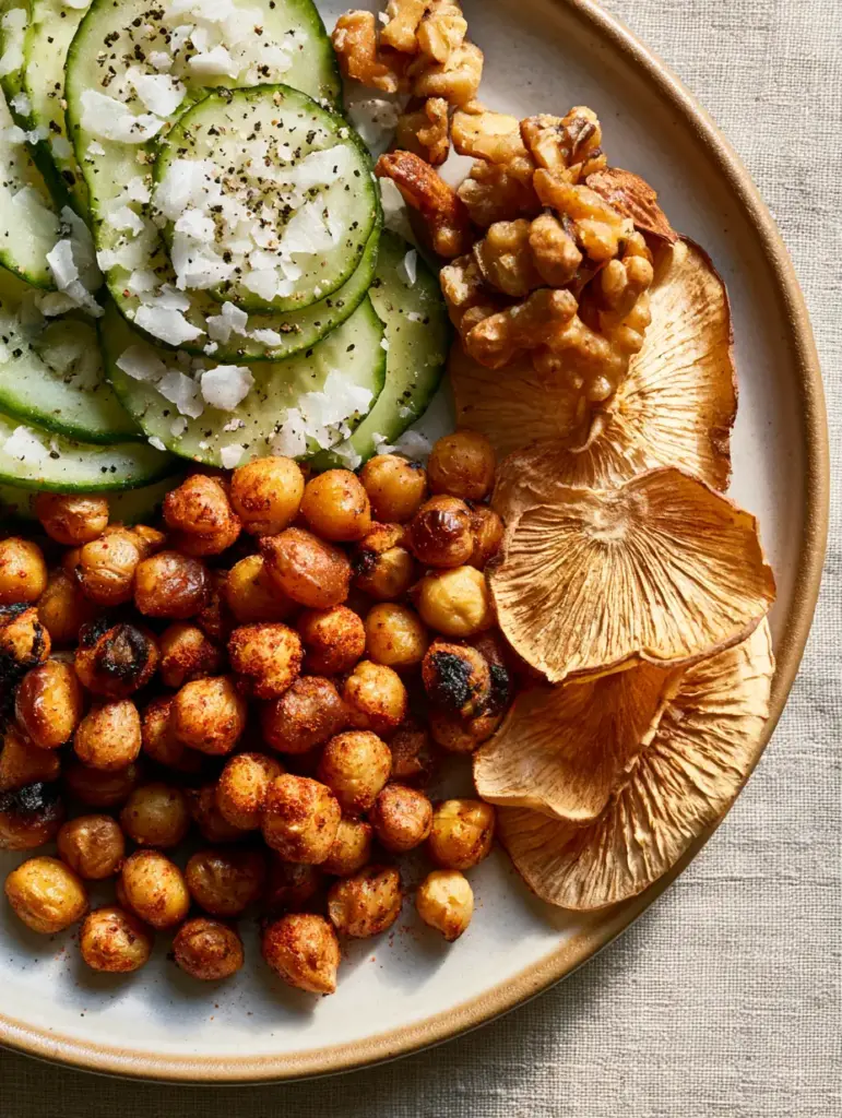 Salty Snack Ideas: The Ultimate Crunchy Protein Power Plate 1 Dehydrated radish chips with visible ridges alongside fresh Persian cucumber slices. (salty snack ideas)