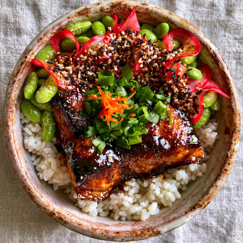 Japanese recipes: The Ultimate Seared Teriyaki Salmon Donburi 2 Overhead close-up of a rustic ceramic bowl filled with glistening Teriyaki Salmon, fluffy rice, and bright green edamame. (Japanese recipes)