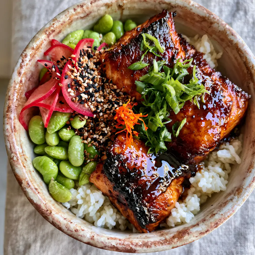 Japanese recipes: The Ultimate Seared Teriyaki Salmon Donburi 1 Detailed shot of Teriyaki Salmon toppings featuring red radish curls, black sesame seeds, and orange chili threads.