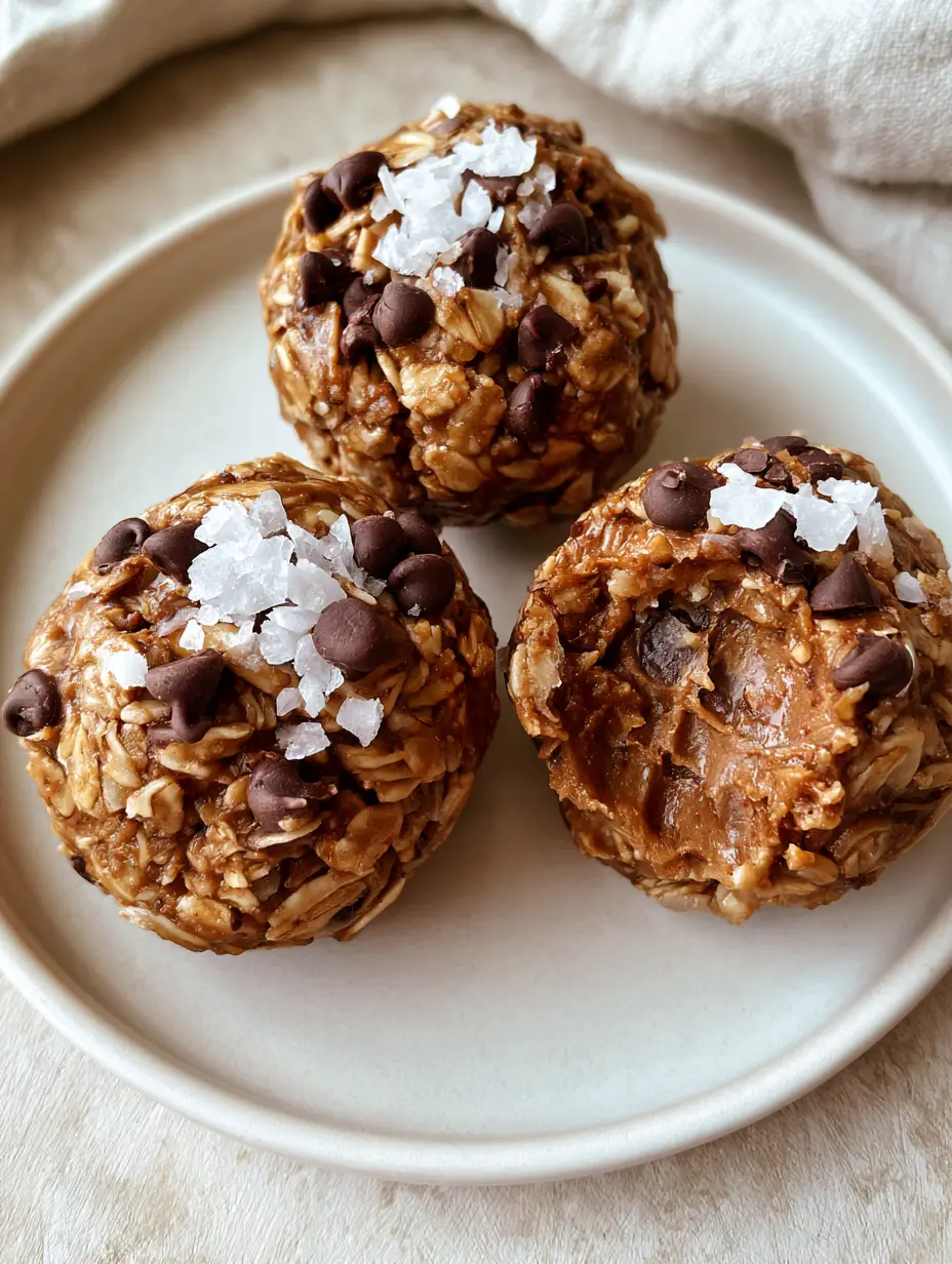 Top-down shot of three protein balls on a ceramic plate, a prime example of easy snack ideas.