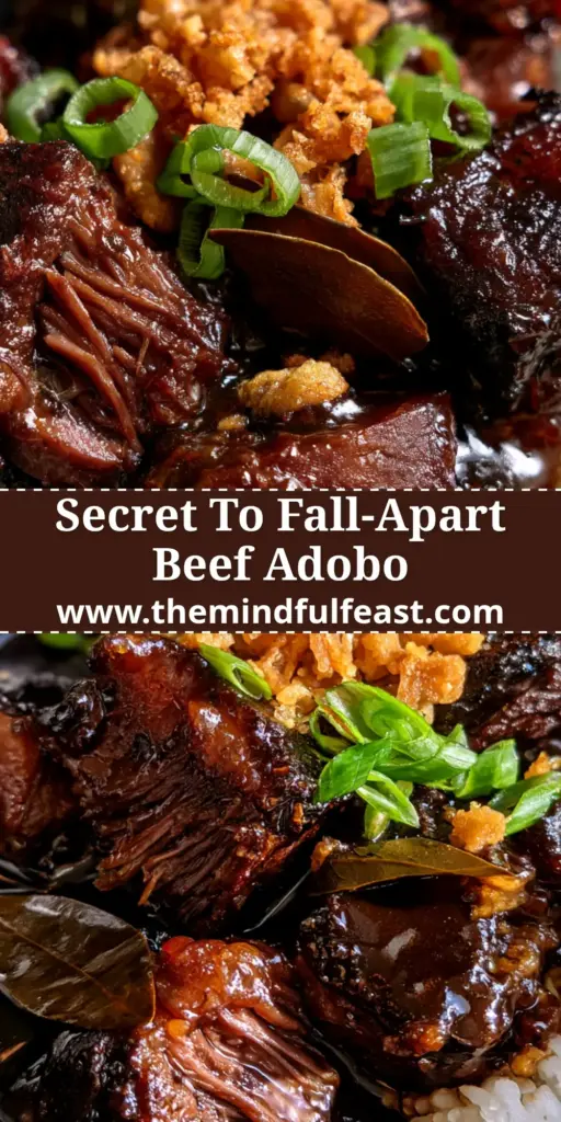 Filipino Beef Adobo: The Ultimate Guide to Fork-Tender, Glossy Braised Perfection 4 Extreme close-up of Filipino Beef Adobo featuring thick glossy sauce, shredded beef fibers, and golden fried garlic on jasmine rice. (filipino beef adobo)