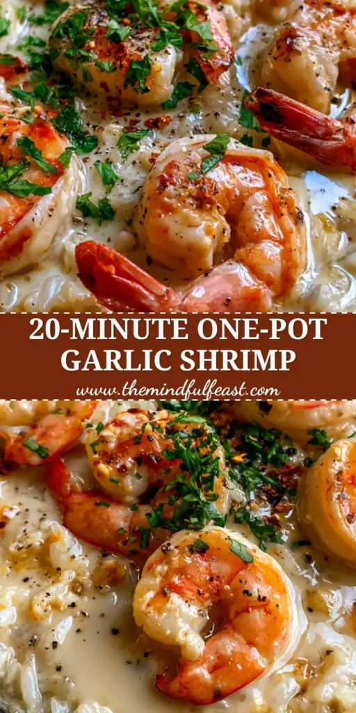 A rustic black cast iron skillet filled with glistening jasmine rice and seared jumbo shrimp topped with parsley and red pepper. (Creamy Garlic Butter Shrimp and Rice)