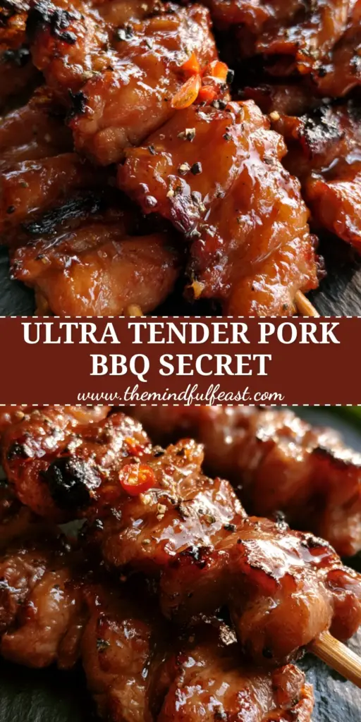 Three skewers of Filipino pork barbecue with a thick mahogany glaze, charred edges, and sliced red chilies on a dark slate surface.