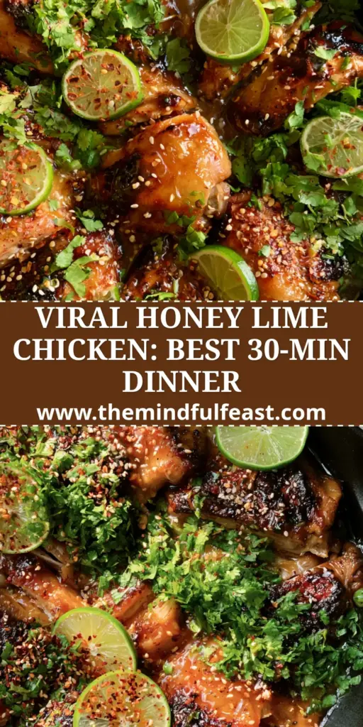 Overhead view of honey lime chicken recipe in a cast iron skillet with lime slices and cilantro on a stone background.