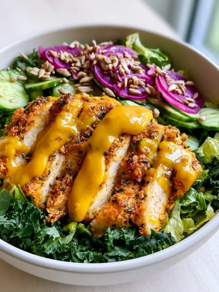 Crispy Chicken Crunch Salad with Air-Fried Panko and Honey Mustard 1 A matte white ceramic bowl filled with cucumber ribbons, purple radishes, and crispy chicken with honey mustard drizzle.