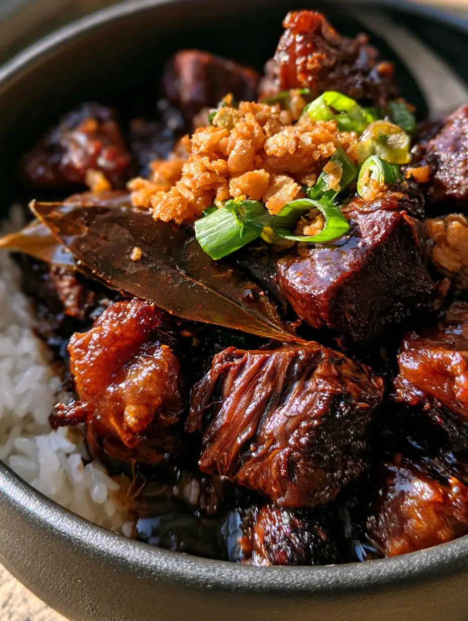 Filipino Beef Adobo: The Ultimate Guide to Fork-Tender, Glossy Braised Perfection 3 Close-up of braised beef chunks in a matte charcoal bowl showing charred edges and shredded fibers in a dark soy glaze. (filipino beef adobo)