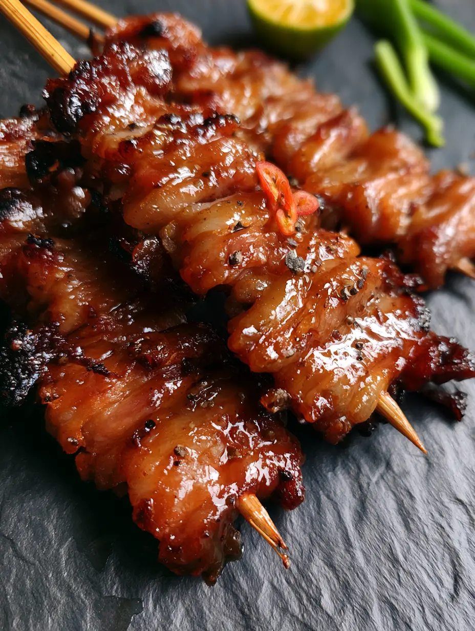 Extreme macro close-up of Filipino pork barbecue ribbons showing caramelized char marks and cracked black pepper.