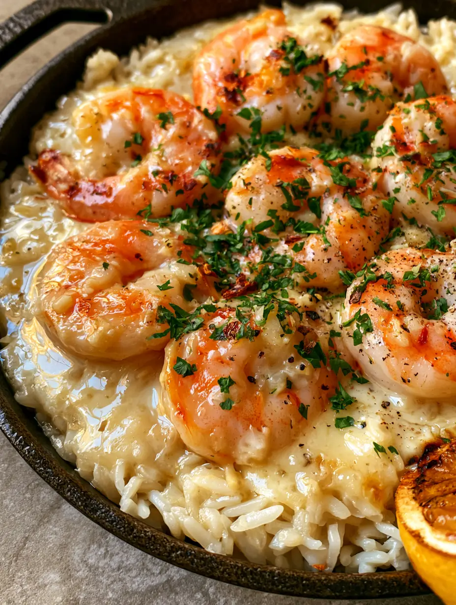 Extreme close-up of succulent seared shrimp with charred edges resting on glossy garlic butter jasmine rice. (Creamy Garlic Butter Shrimp and Rice)