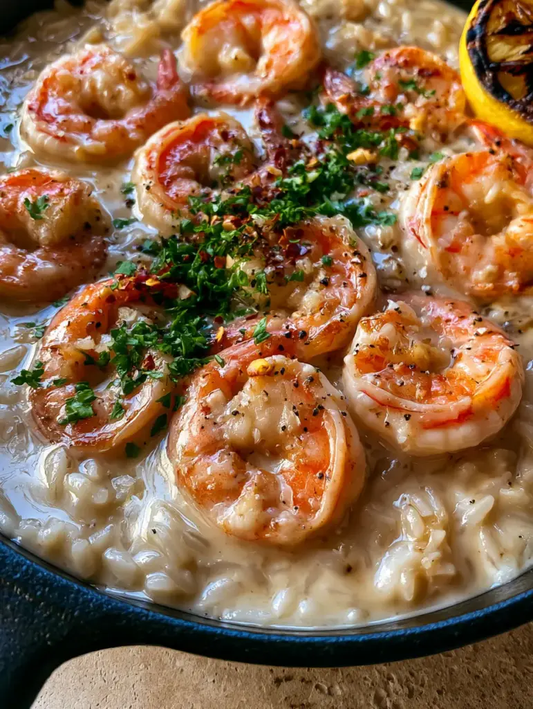 Close-up of a rustic skillet showing melted parmesan and minced garlic in a pale-gold butter sauce over rice.