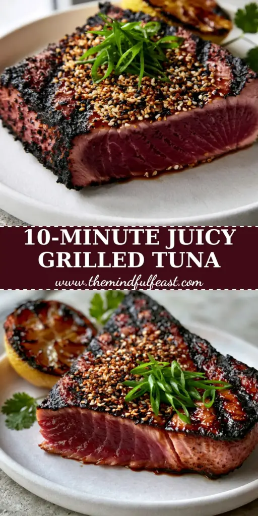 Grilled Tuna Steak with Soy-Ginger Glaze and Toasted Sesame 4 A thick-cut Grilled Tuna Steak with deep charcoal grill marks, sliced to reveal a ruby-red rare center, topped with sesame seeds and scallions.
