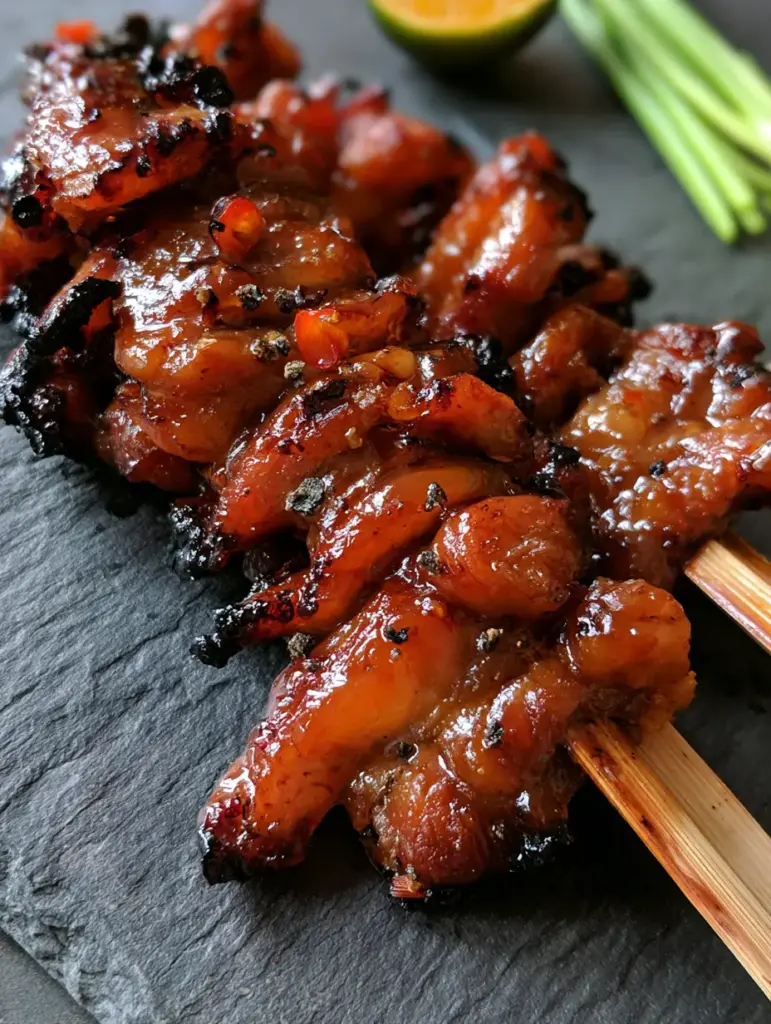Filipino pork barbecue skewers on a dark textured slate with calamansi lime halves and green onions in the background.