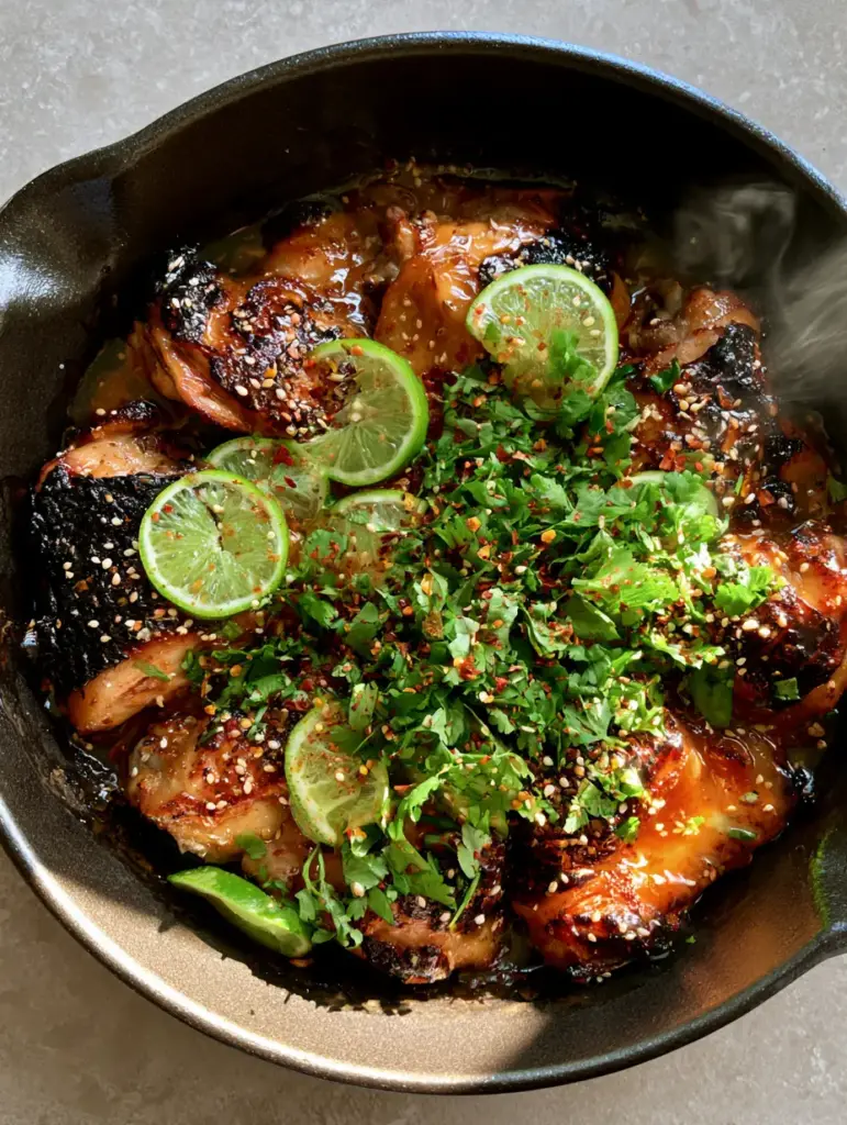 Smartphone photo of honey lime chicken recipe showing a thick, shimmering amber glaze and fresh cilantro.