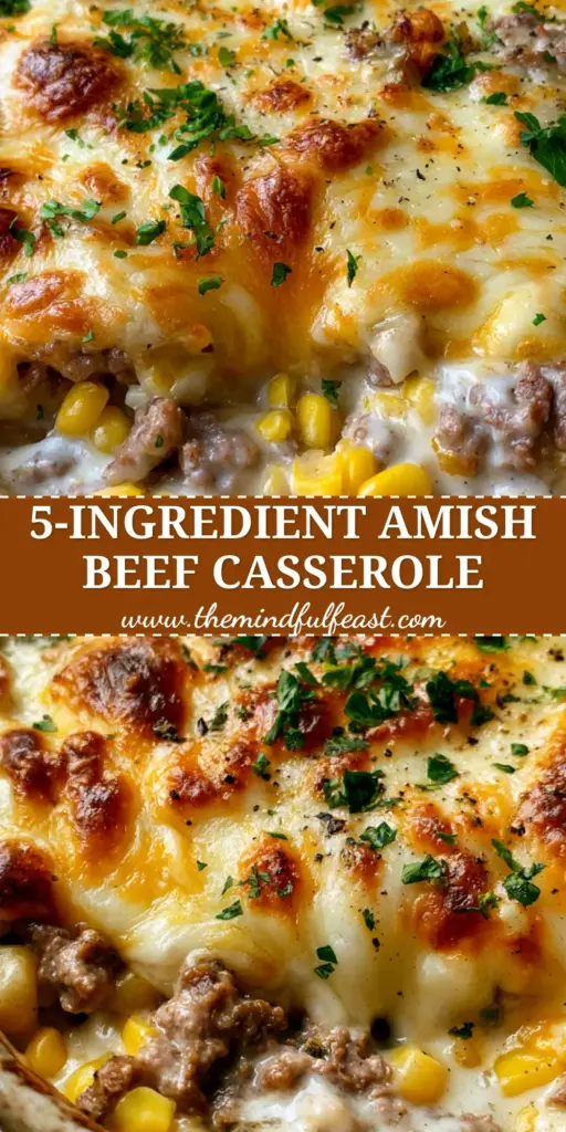 A close-up of Amish corn and beef casserole in a rustic dish with bubbling melted cheddar cheese and fresh parsley.