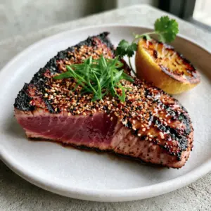 Close up of a Grilled Tuna Steak showing the vibrant ruby-red center and glossy ginger glaze finish.