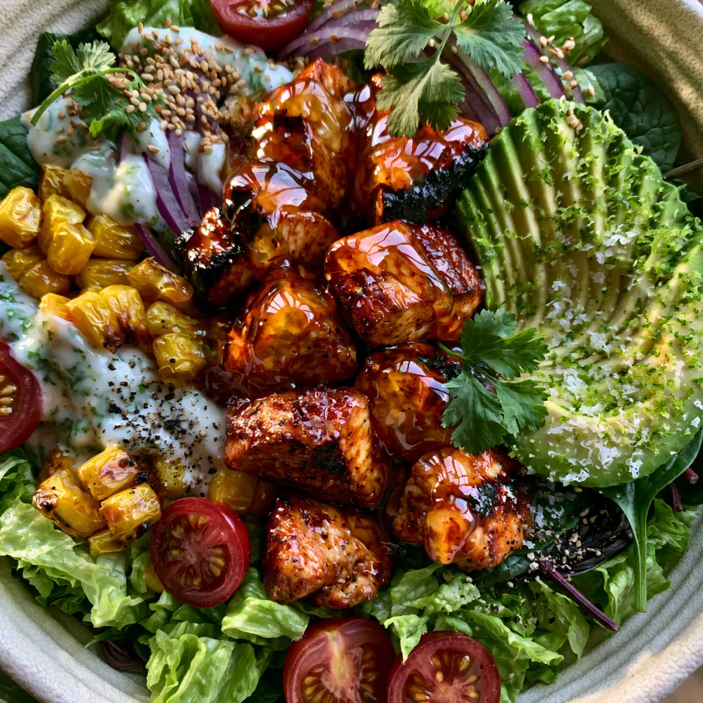 Honey Lime Chicken Avocado Salad Bowl with Charred Sweet Corn 1 Close up of fanned avocado with lime zest and charred sweet corn in a Honey Lime Chicken Avocado Salad Bowl.