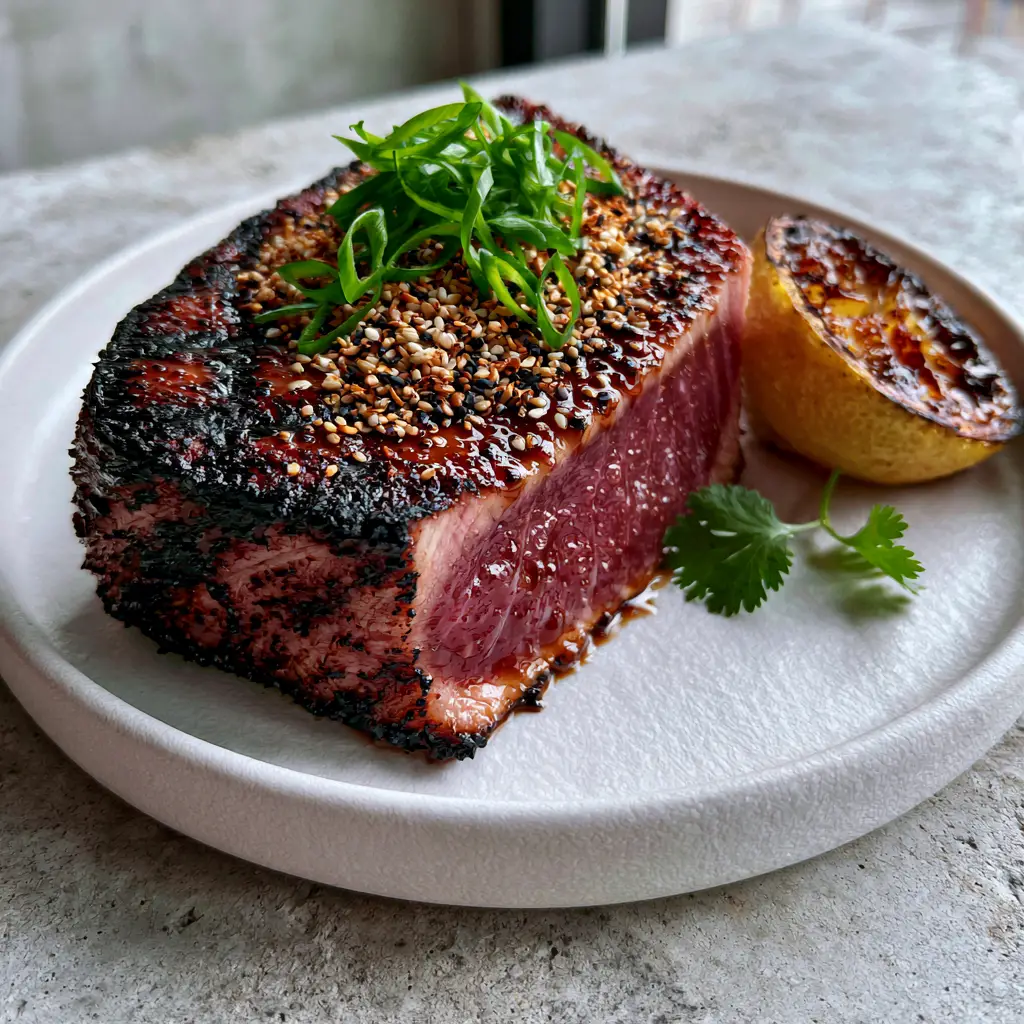 Grilled Tuna Steak with Soy-Ginger Glaze and Toasted Sesame 1 Grilled Tuna Steak served on a white plate with charred lemon and bias-cut green scallions.