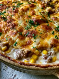 Extreme close-up of juicy seared ground beef and plump corn in a creamy white sauce for the Amish corn and beef casserole.