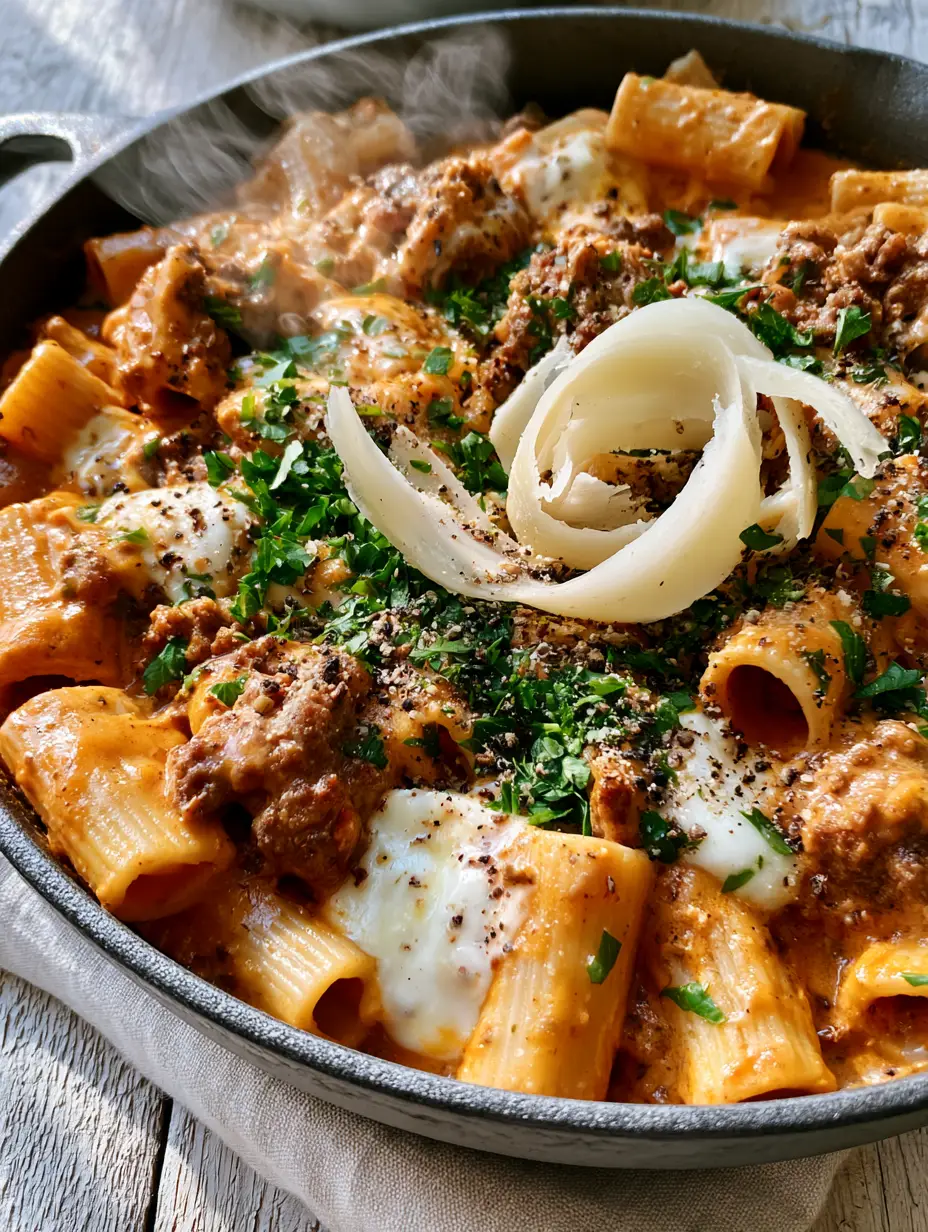 A 45-degree angle shot of beef rigatoni with seared beef crumbles and shaved parmesan curls. (beef rigatoni)