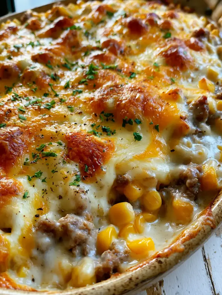 Toasted sharp cheddar cheese with golden spots and crispy edges on an Amish corn and beef casserole.