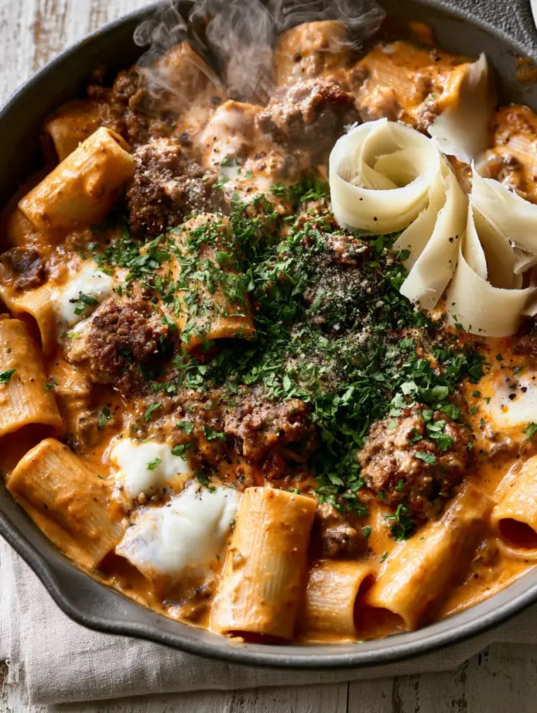 Rustic skillet presentation of beef rigatoni on a linen napkin and light wood background.